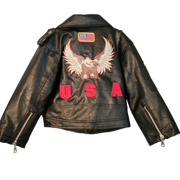 Outdoor HabitatBlack Boys Faux Motorcycle USA Leather Jacket Eagle Size 2T